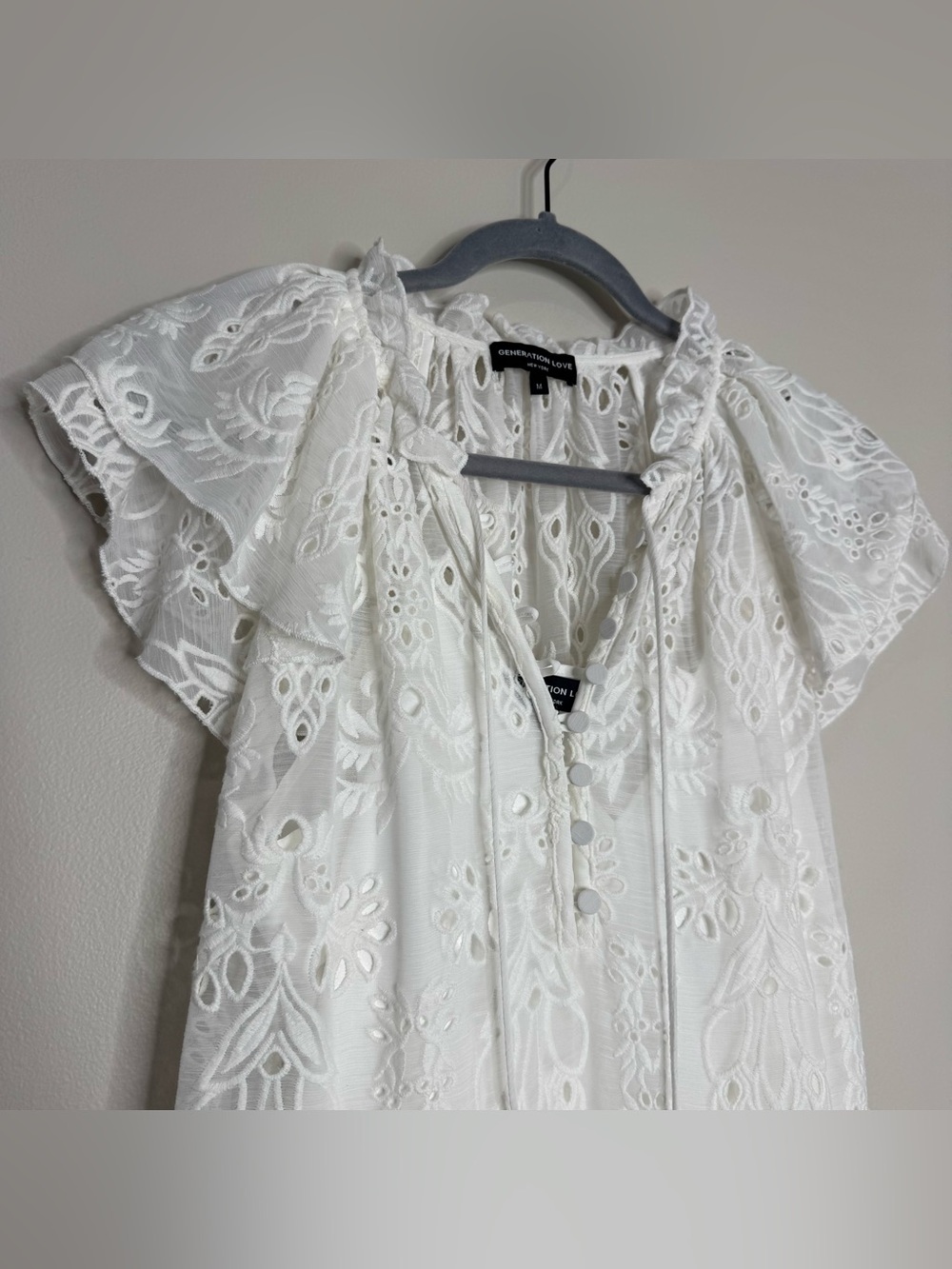 Generation Love White Eyelet Flutter Sleeve Tiered Boho Bridal Mini Dress Medium - Picture 3 of 10